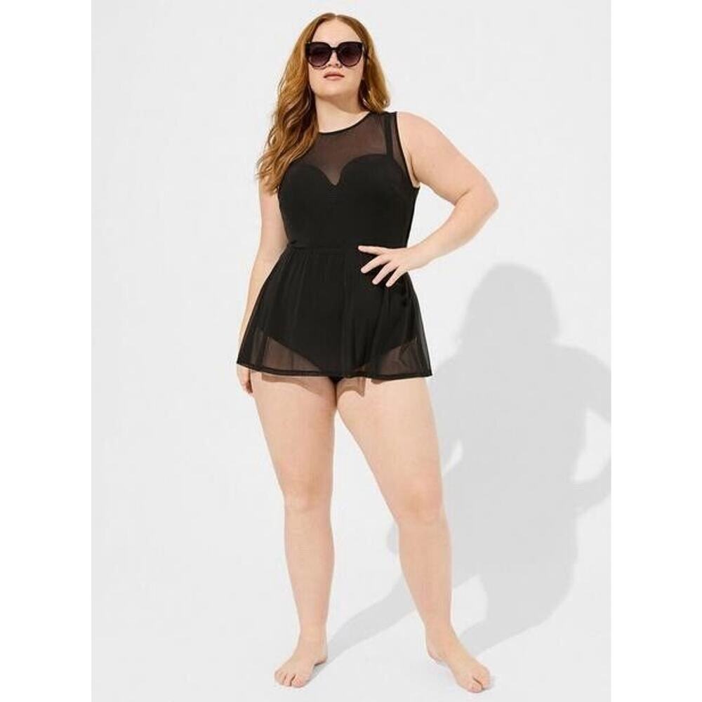 Torrid Plus Size 2 2X D/DD Black Underwire Long Mesh Overlay Swim Dress Swimsuit - Picture 3 of 16
